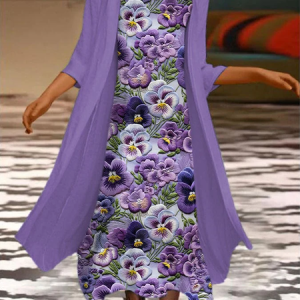 Women Floral Printing Two-Piece Set Daily Three Quarter Sleeve Casual Spring/Fall Dress With Coat Matching Set, JustFashionNow Suit Set, color:Purple|size:XXL,