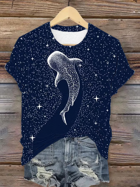 Women's Whale Starry Sky Art Print Short Sleeve T-Shirt, T-shirts, Lilicloth.com - Image 2