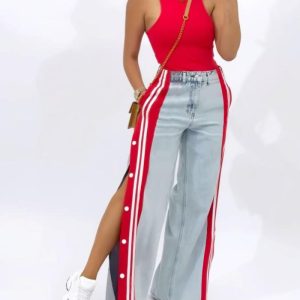 Colorblock Sports Striped Patchwork Side Button Design Jeans Casual Straight Wide Leg Pants, women Jeans, ChicMe catalog