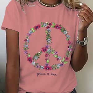 Women's Wildflower Love Peace Sign Casual Short SleeveT-Shirt, T-shirts, Lilicloth.com