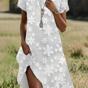 Women Floral Short Sleeve Summer Printing Dress Crew Neck Daily Casual Mini Tunic H-Line Dress, JustFashionNow Casual Dresses, color:White|size:XXL,