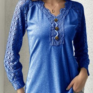 V Neck Casual Plain Lace Bukle T-Shirt, JustFashionNow T-Shirts, color:Deep Blue|size:XXL,