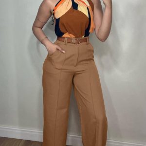 2 Pieces Outfits Colorblock Halter Sleeveless Top and Casual Plain Wide Leg Pants Set, women Two-piece Sets, ChicMe catalog