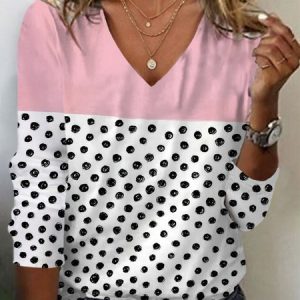 Women's Long Sleeve Tee T-shirt Spring/Fall Polka Dots Jersey V Neck Daily Going Out Casual Top, JustFashionNow T-Shirts, color:Pink|size:XXL,