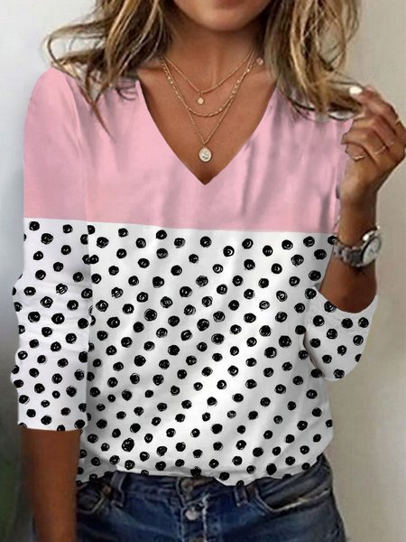 Women's Long Sleeve Tee T-shirt Spring/Fall Polka Dots Jersey V Neck Daily Going Out Casual Top, JustFashionNow T-Shirts, color:Pink|size:XXL,