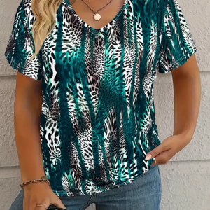 Women's Leopard Print Casual V-Neck Short Sleeve T-Shirt, T-shirts, Lilicloth.com