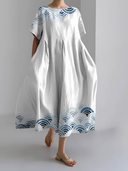 Women's Japanese Art Floral Print Vintage Round Neck Pleated Maxi Dress, Dresses, Lilicloth.com - Image 5