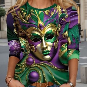 Women's Face Art Print Long Sleeve T-Shirt, T-shirts, Lilicloth.com