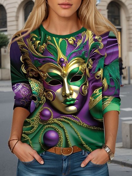 Women's Face Art Print Long Sleeve T-Shirt, T-shirts, Lilicloth.com