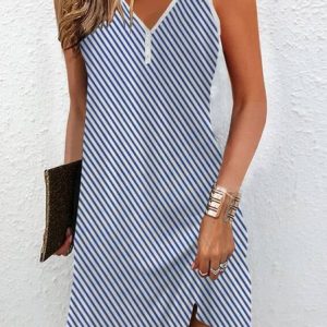 Women's Sleeveless Summer Striped Printing Dress Notched Daily Going Out Casual Mini Tank H-Line Dress, JustFashionNow Casual Dresses, color:Blue|size:XXL,