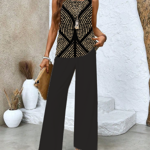 Women's Geometric Spring Print Casual Tank Top Pants Two Piece Suit, Two-pieces, Lilicloth.com