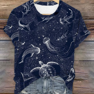 Women's Marine Life Starry Sky Art Print Short Sleeve T-Shirt, T-shirts, Lilicloth.com