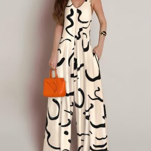 Abstract Print V Neck Shoulder Lace-up Jumpsuit Casual Loose Fit Romper with Pockets, women Jumpsuits, ChicMe catalog