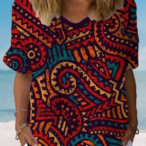 Women's Short Sleeve Blouse Summer Ethnic Cotton Crew Neck Daily Going Out Casual Top, JustFashionNow Blouses, color:Red|size:XXL,