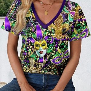 Women's Face Art Print V-Neck Short Sleeve T-Shirt, T-shirts, Lilicloth.com