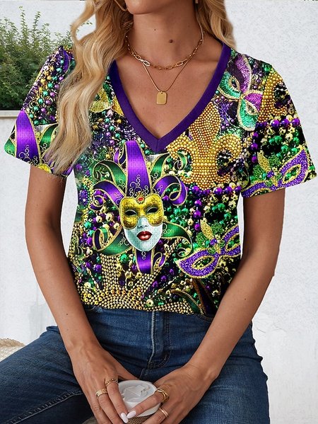 Women's Face Art Print V-Neck Short Sleeve T-Shirt, T-shirts, Lilicloth.com
