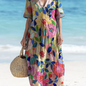 Women Floral V Neck Short Sleeve Comfy Casual Maxi Dress, Maxi, color:Pink|size:3XL, catalog Noracora shop
