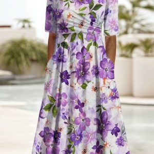 Women's Short Sleeve Summer Floral Dress V Neck Daily Going Out Casual Maxi A-Line, JustFashionNow Dresses, color:Purple|size:XXL,