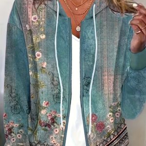 Women's Spring/Fall Outerwear Vintage 3D Printing Long Sleeve Hoodie Jacket, JustFashionNow Jackets, color:Blue|size:4XL,