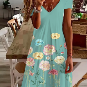 Women's Floral Short Sleeve Summer Printing Dress V Neck Daily Casual Knee Length T-Shirt Dress H-Line Dress, JustFashionNow Casual Dresses, color:Cyan|size:XXL,