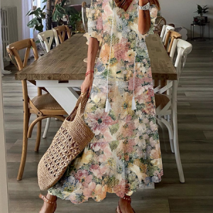 Women Floral V Neck Long Sleeve Comfy Casual Maxi Dress, Dresses, color:Multicolor|size:XXL, catalog Noracora shop