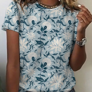 Floral Contrast Short-Sleeved Top Cotton T-Shirt, T-shirts, Lilicloth.com