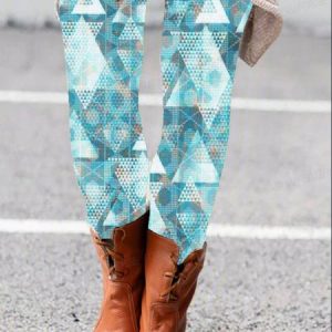 Women's Casual Geometric Jersey All Season Long Leggings, JustFashionNow Leggings, color:Lake Blue|size:XXL,