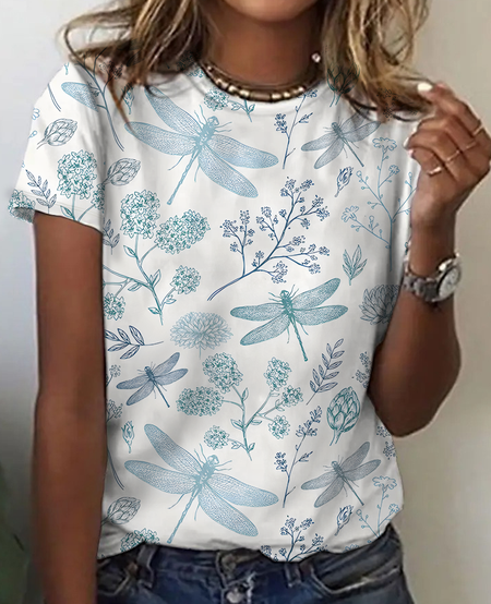 Dragonfly Floral Cotton T-Shirt, T-shirts, Lilicloth.com