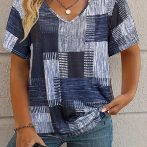 Women's Multicolor Block Short Sleeve Tee T-shirt V Neck Casual Summer Graphic Tee Top, JustFashionNow T-Shirts, color:As Picture|size:XXL,