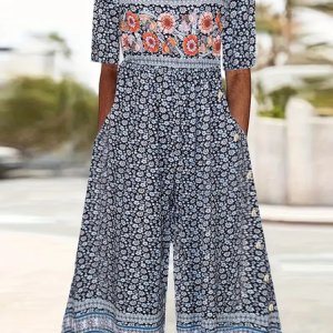 Women's Floral V Neck Half Sleeve Casual Summer Jumpsuit, JustFashionNow Jumpsuits＆Rompers, color:As Picture|size:4XL