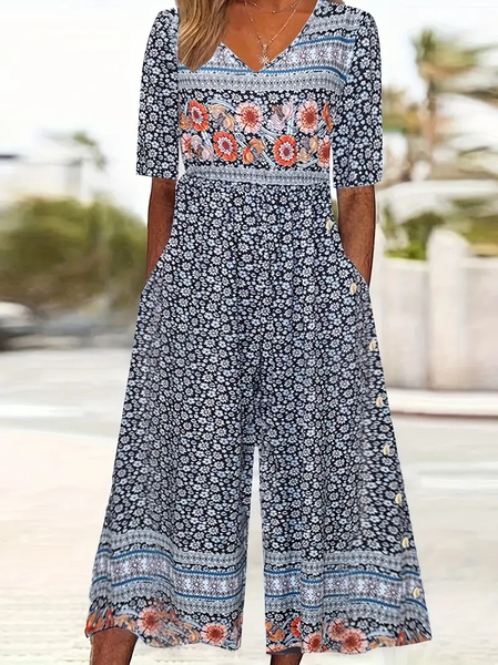 Women's Floral V Neck Half Sleeve Casual Summer Jumpsuit, JustFashionNow Jumpsuits&Rompers, color:As Picture|size:4XL