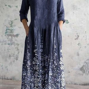 Women's Long Sleeve Spring/Fall Floral Jersey Dress V Neck Daily Going Out Casual Maxi A-Line T-Shirt Dress, JustFashionNow Dresses, color:Purplish blue|size:XXL,