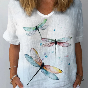 Women Dragonfly Short Sleeve Blouse Summer Crew Neck Daily Casual Top, JustFashionNow Blouses, color:As Picture|size:XXL,