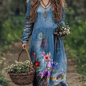 Women's Long Sleeve Spring/Fall Floral Jersey Dress V Neck Daily Going Out Casual Maxi A-Line T-Shirt Dress, JustFashionNow Dresses, color:Blue|size:XXL,