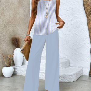 Women's Striped Printing Two-Piece Set Daily Sleeveless Casual Summer Top With Pants Matching Set, JustFashionNow Suit Set, color:Blue|size:XXL,