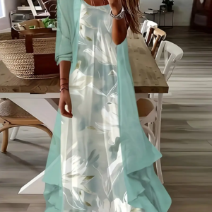 Women Floral Printing Two-Piece Set Daily Three Quarter Sleeve Casual Spring/Fall Dress With Coat Matching Set, JustFashionNow Suit Set, color:Green|size:XXL