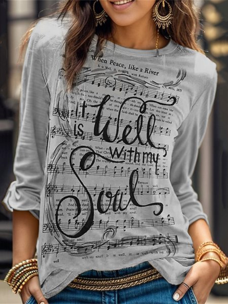 Casual Crew Neck Music T-Shirt, JustFashionNow T-Shirts, color:Light Gray|size:XXL,