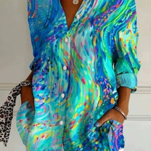 Women Abstract Long Sleeve Shirt Spring/Fall Shirt Collar Daily Casual Top, JustFashionNow Blouses, color:Blue|size:4XL,