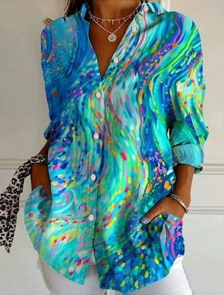 Women Abstract Long Sleeve Shirt Spring/Fall Shirt Collar Daily Casual Top, JustFashionNow Blouses, color:Blue|size:4XL,
