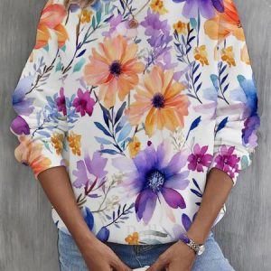Women's Crew Neck Floral Pattern Casual Spring/Fall Cotton Long Sleeve Sweatshirt, JustFashionNow Sweatshirts & Hoodies, color:Purple|size:5XL,