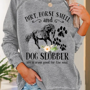 Women's Cute Horse And Dog Flower Dirt Horse Smell Animal Casual Crew Neck Sweatshirt, Hoodies&Sweatshirts, Lilicloth.com