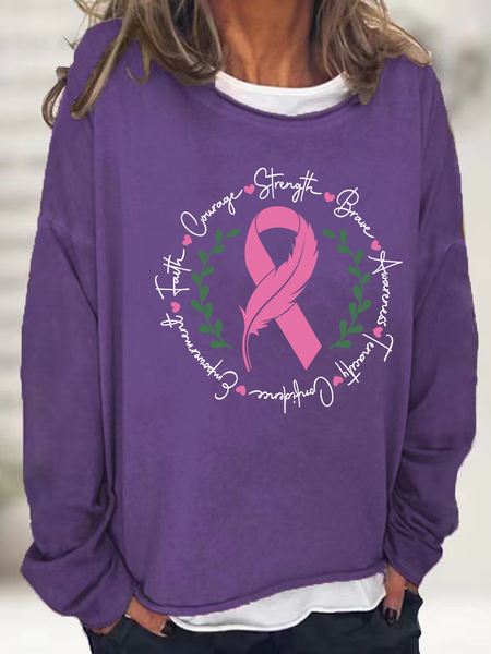 Awareness Ribbon Breast Cancer Cotton-Blend Casual Crew Neck Sweatshirt, Hoodies&Sweatshirts, Lilicloth.com