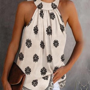 Floral Print Stand Collar Sleeveless Tank Casual Slim Fit Summer Top, women Tanks & Crop Tops, ChicMe catalog