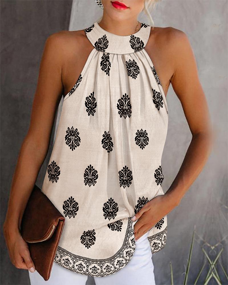 Floral Print Stand Collar Sleeveless Tank Casual Slim Fit Summer Top, women Tanks & Crop Tops, ChicMe catalog