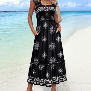 Floral Print Square Neck Ruffles Midi Dress Casual Shrred Waist A Line Dress with Pockets, women Maxi Dresses, ChicMe catalog