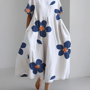 Women's Artistic Floral Print Vintage Round Neck Pleated Dress, Dresses, Lilicloth.com