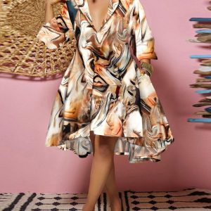 Plus Size Abstract Print Flowy Shirt Dress, women Shirt Dresses(plus), ChicMe catalog