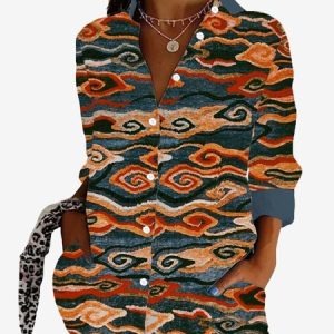 Women's Long Sleeve Shirt Spring/Fall Abstract Shirt Collar Daily Going Out Casual Top, JustFashionNow Shirts, color:Orange|size:XXL,