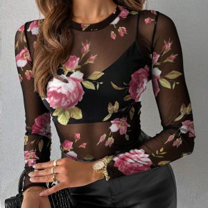 Floral Print Round Neck Long Sleeve T Shirt Casual Slim Fit Strechy Sheer Top, women T-shirt & Tees, ChicMe catalog