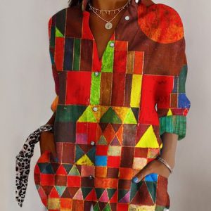 Cotton Geometric Casual Shirt Collar Shirt, Blouses, Lilicloth.com
